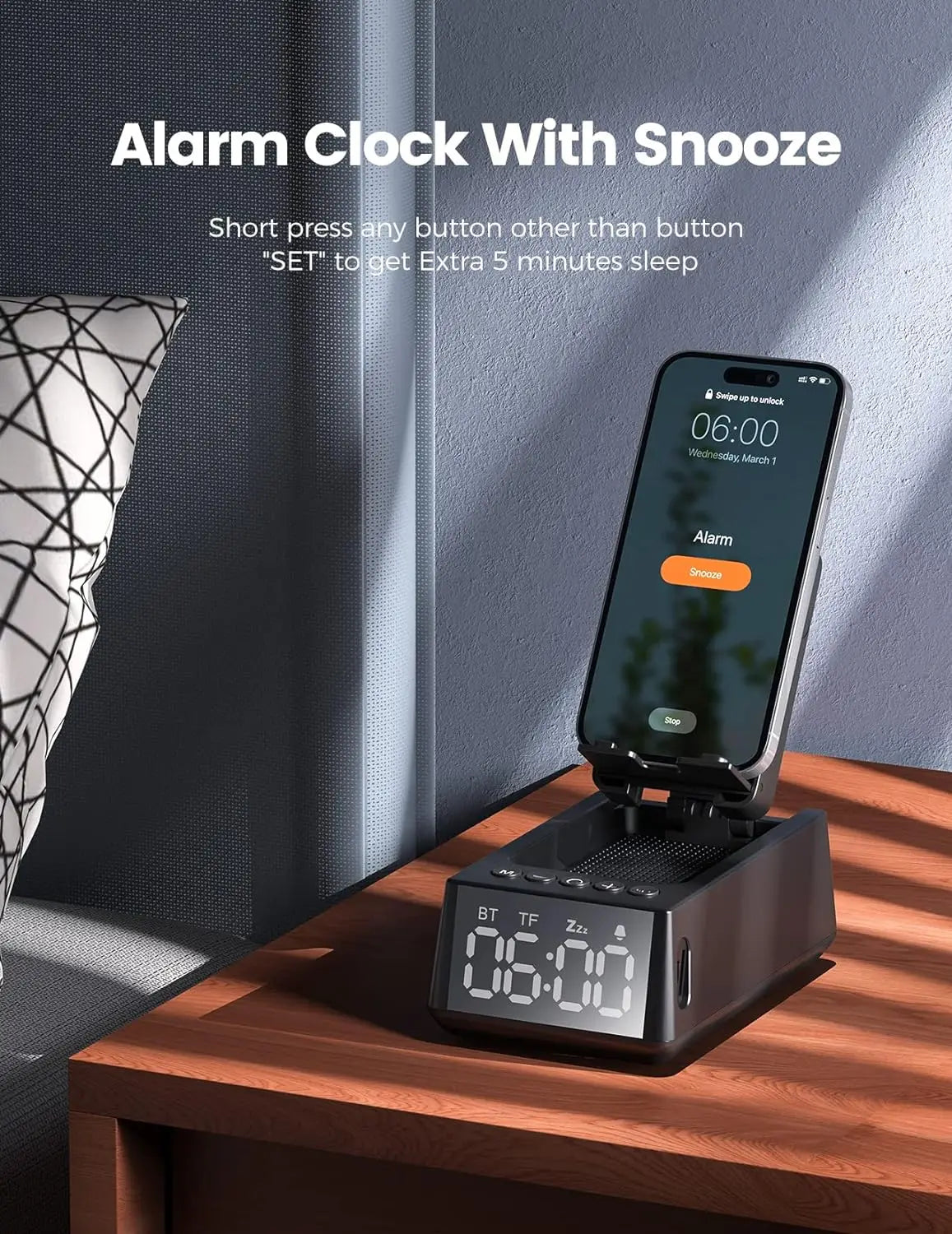 Cell Phone Stand Bluetooth Speakers Foldable Phone Holder with LED Digital Alarm Clock HD Surround Souond Desk Audio Speaker
