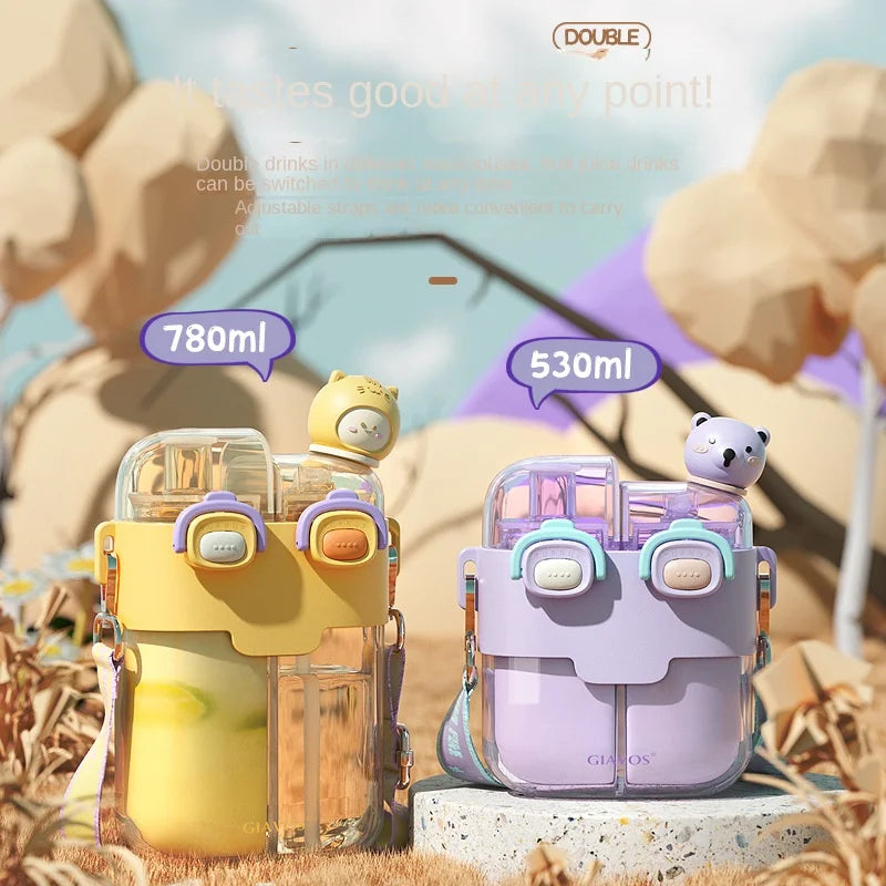 GIAVOS Large Capacity Portable Plastic Cup High Appearance Level Split Storage Cup Children's Water Cup Students with Straw Cup