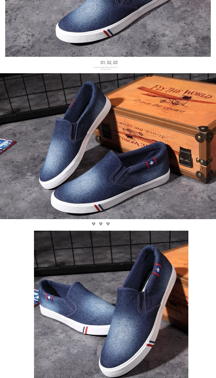 Denim Men's Canvas Shoes Slip-On Sneakers Male Flats Breathable Loafers for Men 2025 Summer Trainers Light Black Shoes Footwear