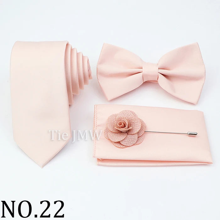 Hot Sale Pink Purple Sage Green Tie Set Polyester Necktie Bowtie Cufflink Brooch For Groom Suit Wedding Cravat Shirt Accessory