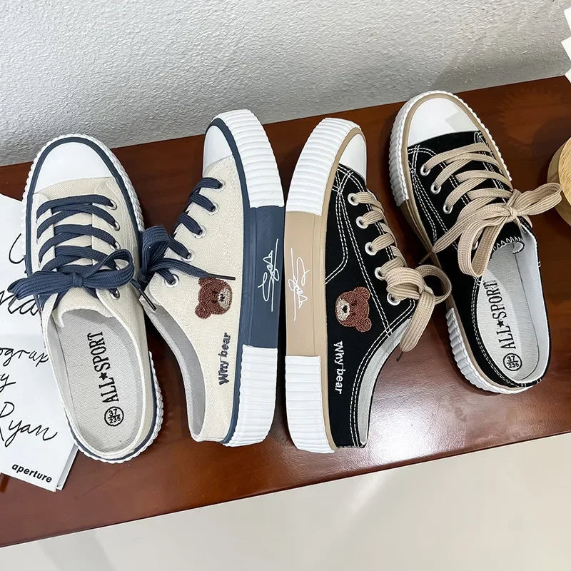 Women Cute Bear Canvas Shoes New Flat Casual All-match Half Slippers USA Version Trend Lace Up Ladies Vulcanized Shoes 2024
