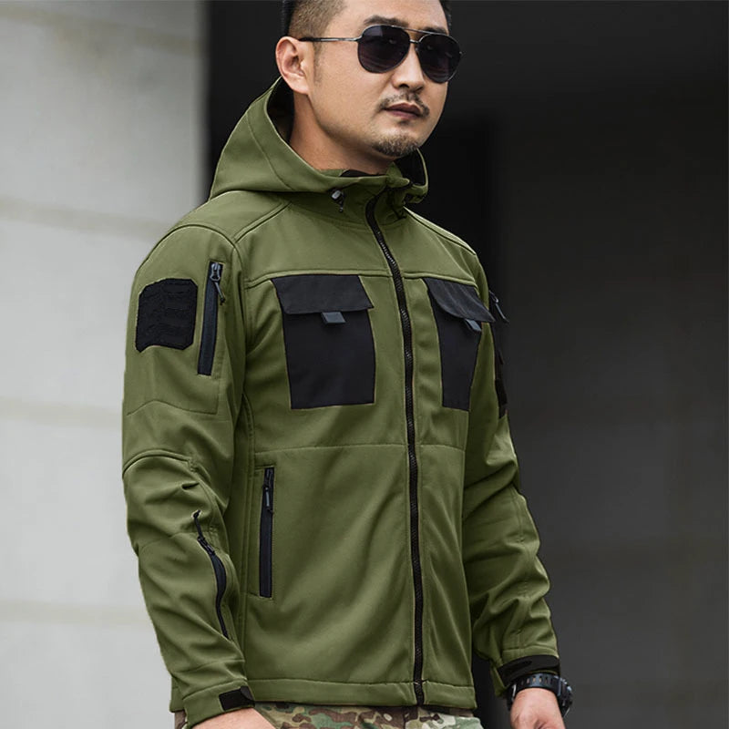 New 2024 Outdoor Tactical Set Men Military Multi-pocket Hooded Work Jacket+Windproof  Waterproof Fleece Cargo Pants Winter Sharkskin Suit