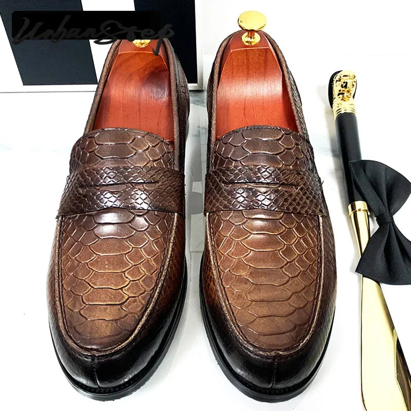LUXURY MEN LEATHER SHOES BLACK COFFEE SLIP ON SNAKE PRINT DRESS MEN'S CASUAL SHOES WEDDING OFFICE BANQUET Loafers Shoes For Men