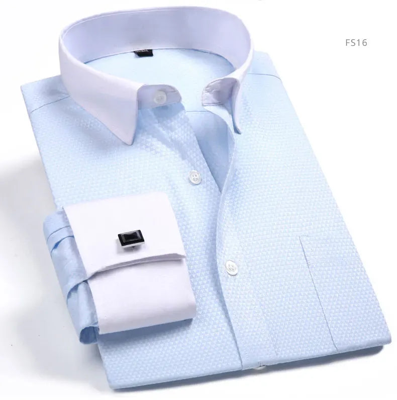 Brand NEW 2024-2025 Fashion Mens French Cufflinks Dress Shirts Long Sleeve Yellow White Blue Social Business Regular Fit Wedding Party Shirt For Man