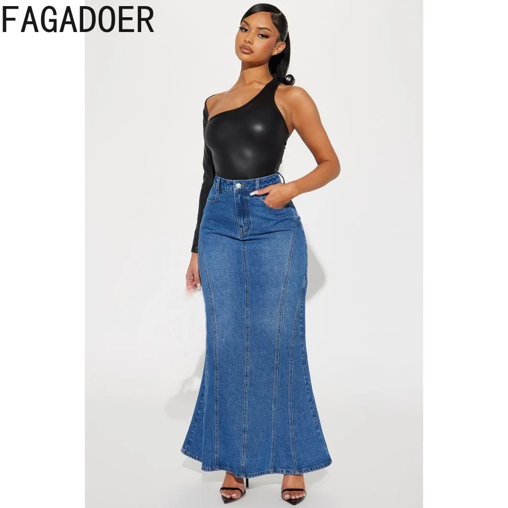 FAGADOER Retro Blue Fashion Skinny  Denim Skirts Women High Waisted Button Pocket Skirts Female Elasticity Cowboy Bottoms