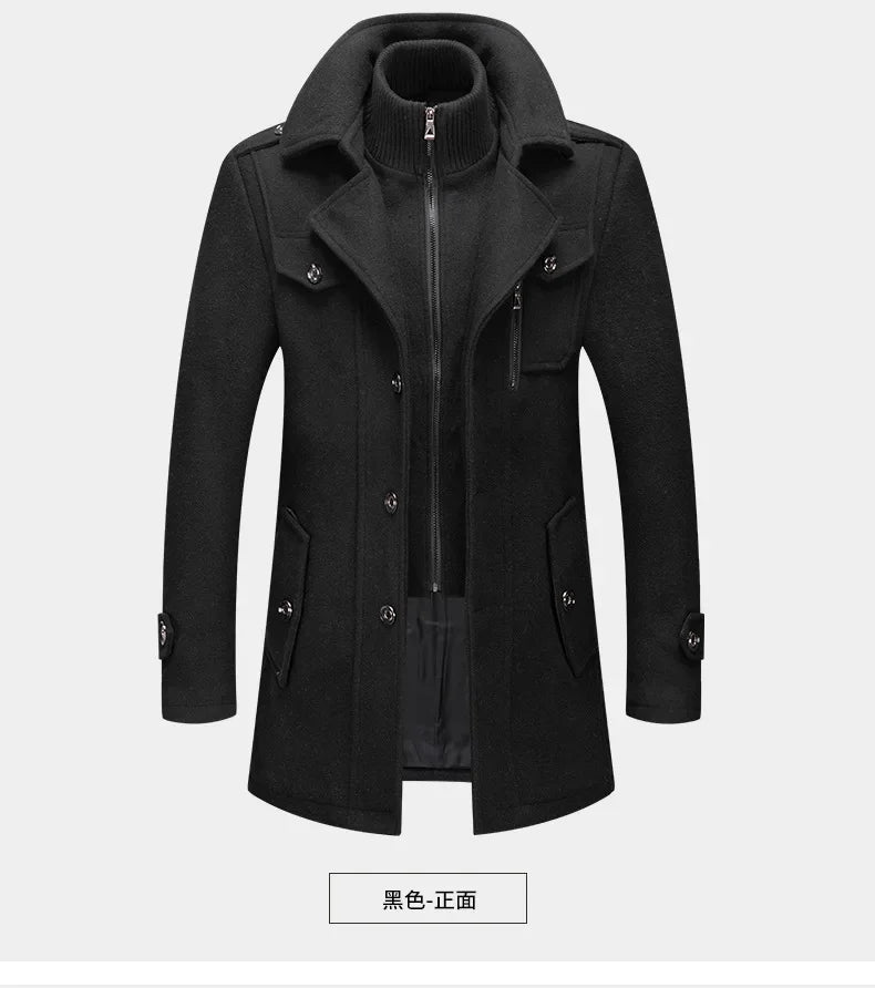 New Collection 2024-2025 Winter Mens Woollen Jacket High-quality Business Casual Jackets Male Long Style Stand Collar Solid Color Thicken Warm Wool Coats