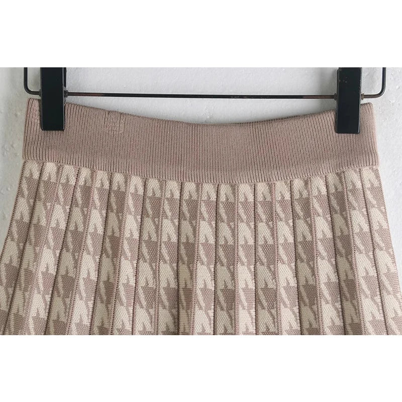 TIGENA Vintage Houndstooth Knitted Skirt for Women 2024 Autumn Winter Elegant Plaid High Waist Pleated Midi Long Skirt Female