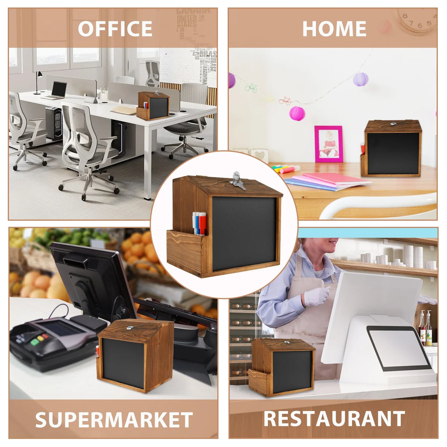 Wood Suggestion Box Wall Mounted Ballot Box Vintage Donation Box with Slot, Lock,Chalkboard Multifunctional for Church Wedding