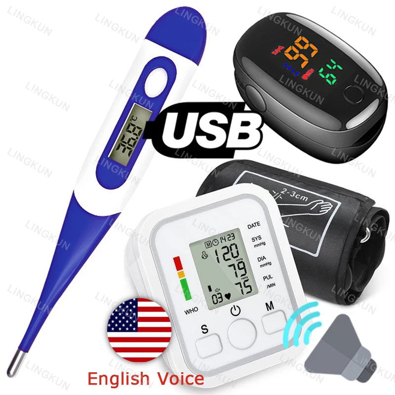 English Voice Digital Arm Blood Pressure Cuff Sensor Monitor BP Automatic Pressure Tonometer Tensiometer Heart Rate Pulse Meter