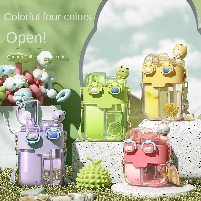 GIAVOS Large Capacity Portable Plastic Cup High Appearance Level Split Storage Cup Children's Water Cup Students with Straw Cup