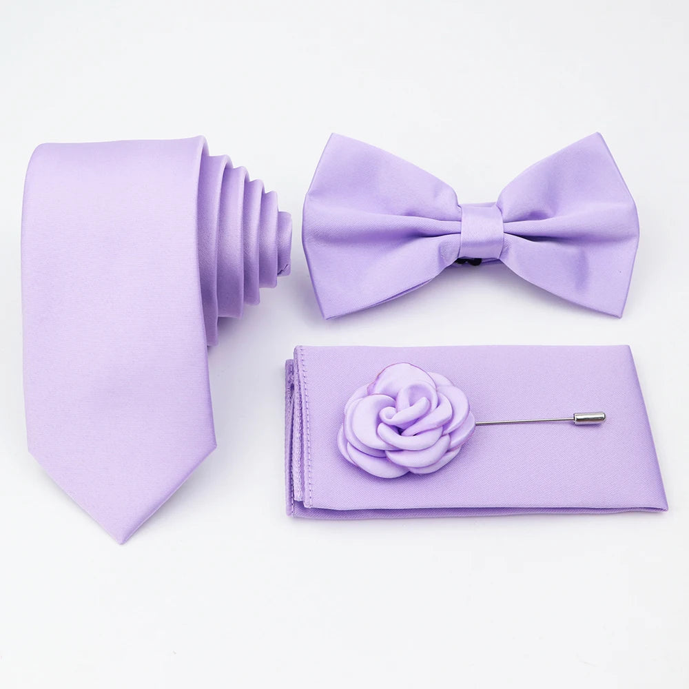 Hot Sale Pink Purple Sage Green Tie Set Polyester Necktie Bowtie Cufflink Brooch For Groom Suit Wedding Cravat Shirt Accessory