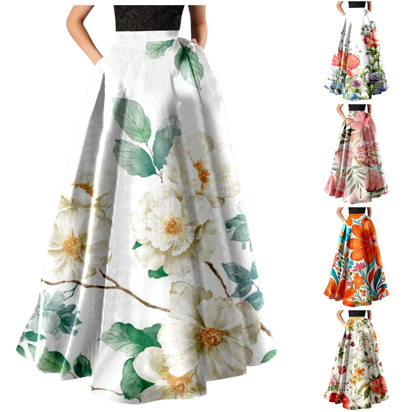 NEW 2024 Women Bohemian Floral Print Maxi Skirt Fashion High Waist Party Retro Pocket Summer Long Skirt Elegant Lady Casual Loose Skirts
