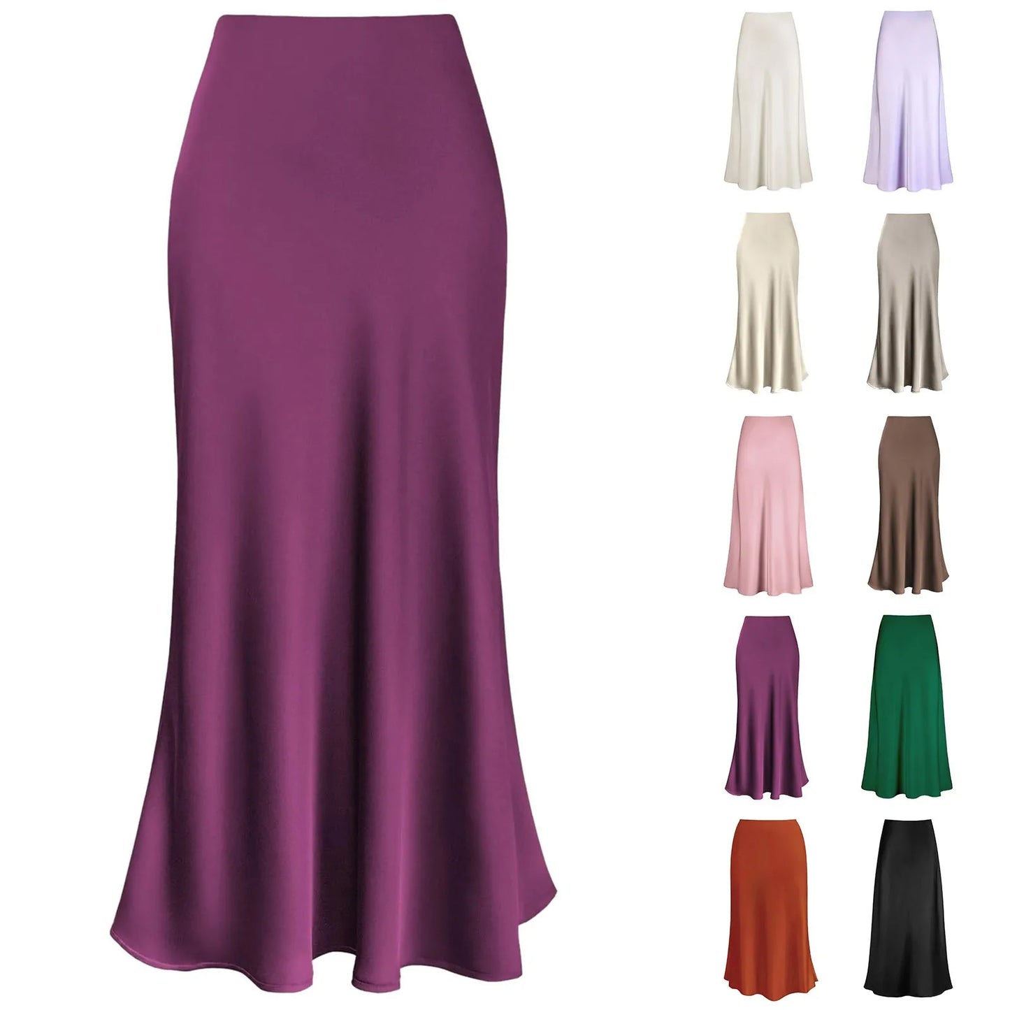 A-Line Pleated Long Skirts Summer Women 2024 USA Skirt Streetwear Elastic Waist Solid Elegant Satin Dress  For Ladies
