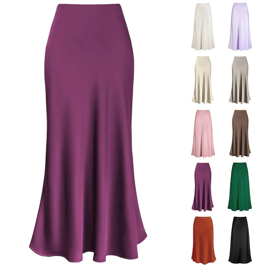 A-Line Pleated Long Skirts Summer Women 2024 USA Skirt Streetwear Elastic Waist Solid Elegant Satin Dress  For Ladies