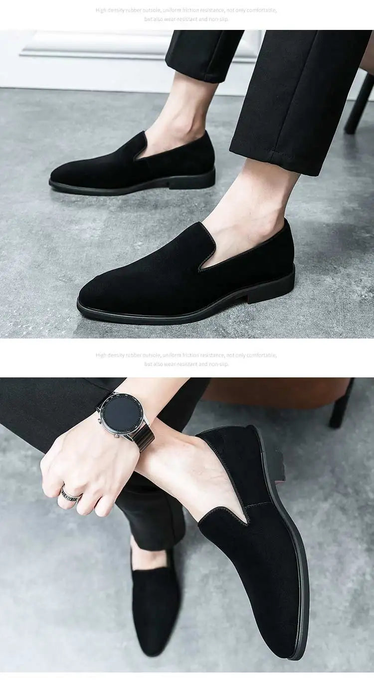 New 2024-2025 Red Sole Loafers Black Wedding Shoes for Men Yellow Flock Round Toe Slip-On Men's Business Dress Shoes Size 38-46