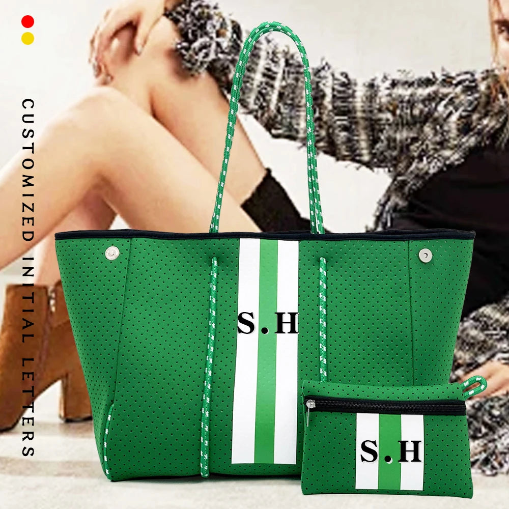 Personalized Custom Women's Handbag Printed Handbag Beach Bag Leisure Travel Tote Bag Diving Material Solid Color With Stripes