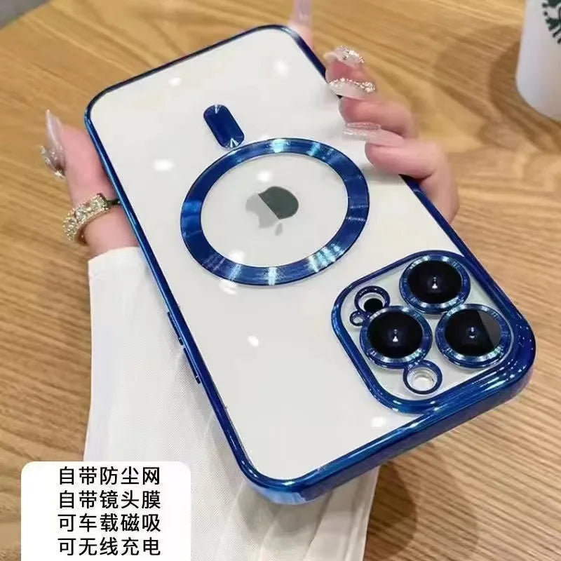 Plating TPU Magesafe Case For iPhone 16 15 14 13 12 11 Pro Max For Plus Magnetic Wireless Charging Full Lens Protect Clear Cover
