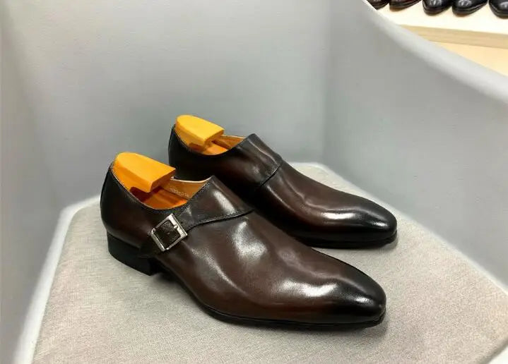 Hot Man Brown Black Genuine Leather Small Square Toe Single Buckle Low Top Bussiness Dress Shoes Male Party Banquet Shoes