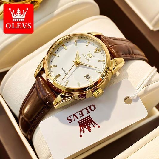 2024 OLEVS 6629 Mechanical Fashion Watch Gift Genuine Leather Watchband Round-dial Calendar Luminous