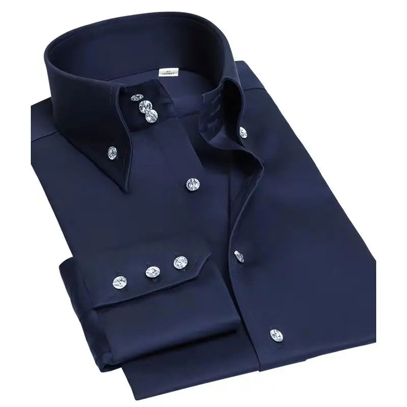 Summer Business Slim Fit White Shirt for Men - British Casual Tooling Style with Three Buttons Men's Long Sleeve Shirts