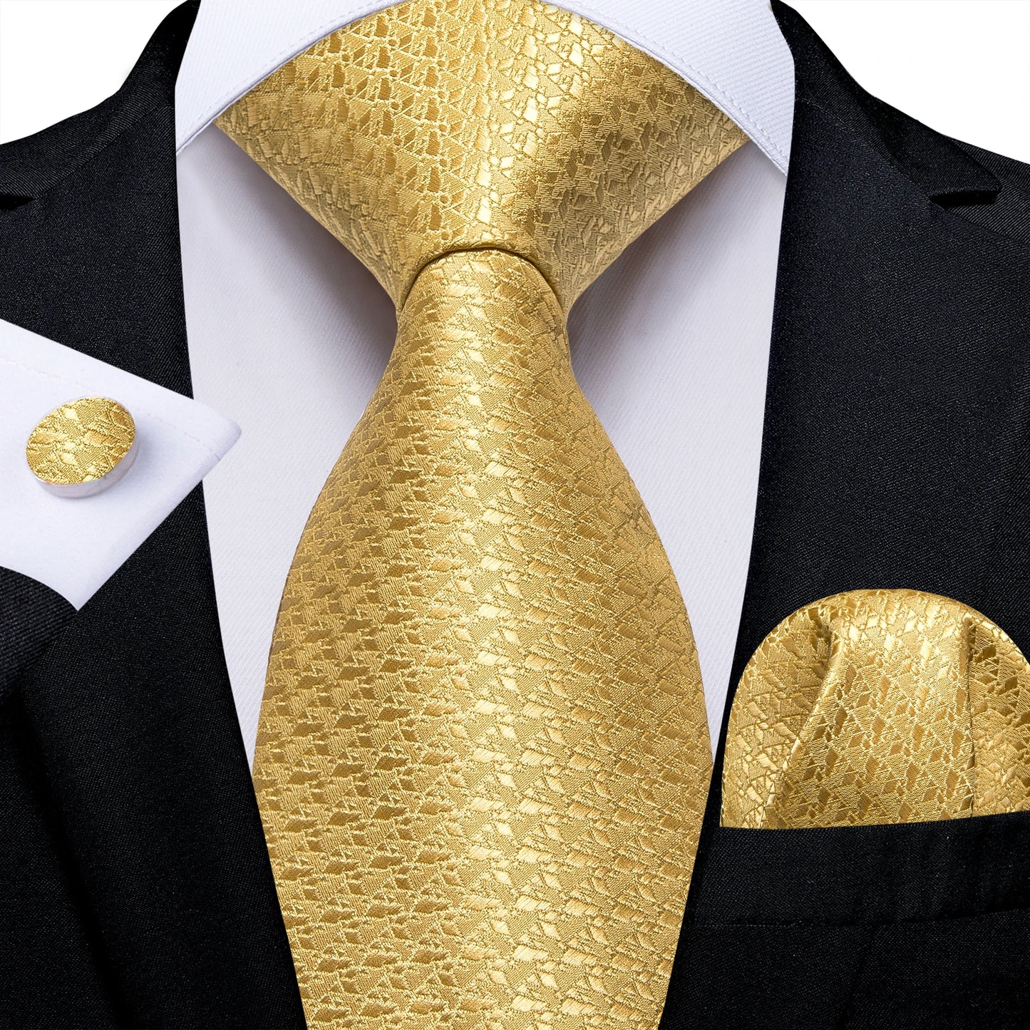 Brand New 2025 Mens Tie 100% Silk Classic Jacquard Woven 8cm Gold Yellow Formal Business Wedding Neck Tie Pocket Square Set Suit Cravat