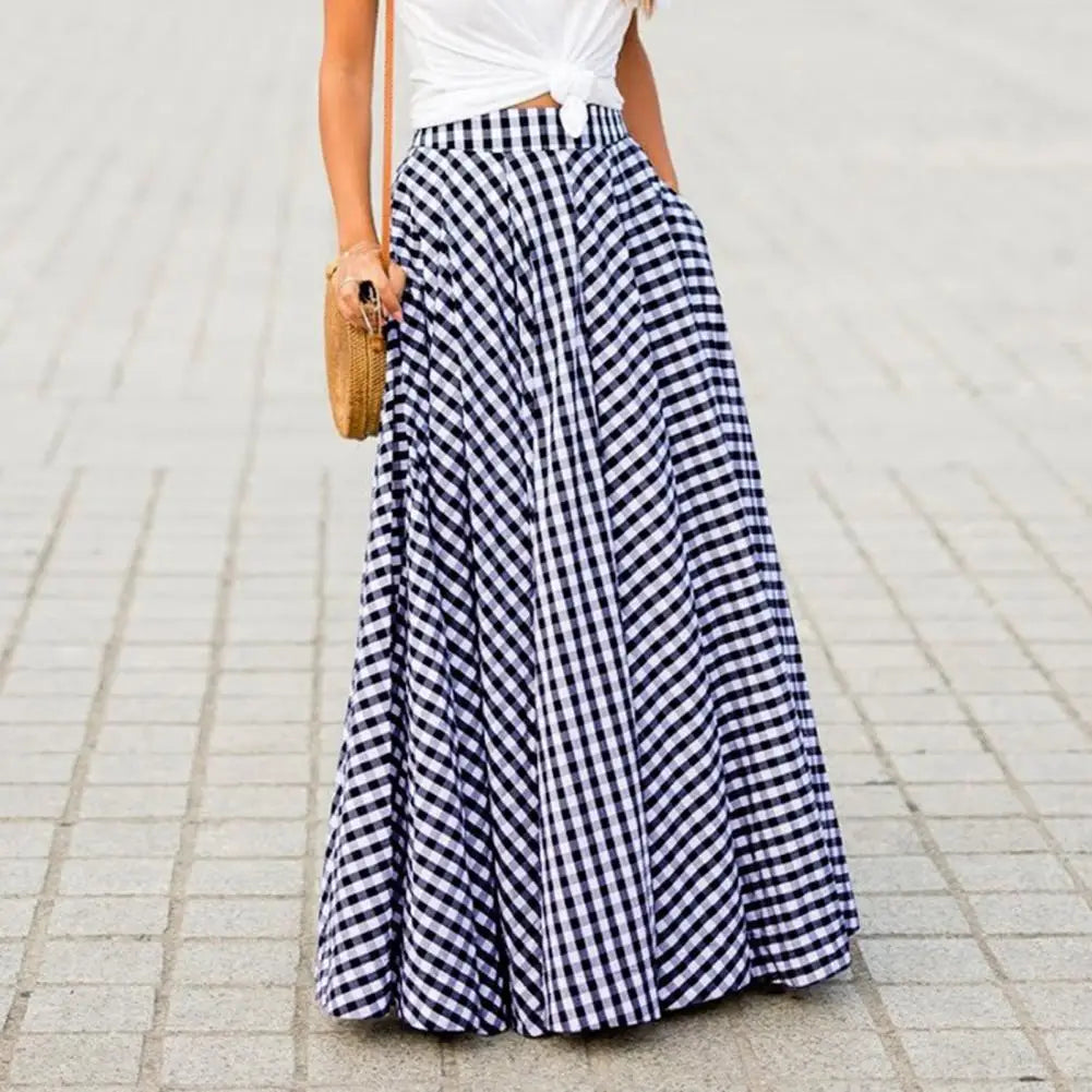 2024 Vintage Bohemian Women High Waist Summer Long Skirt Plaid Pockets Casual A-Line Maxi Skirts Elegant Beach Skirt Long Skirt