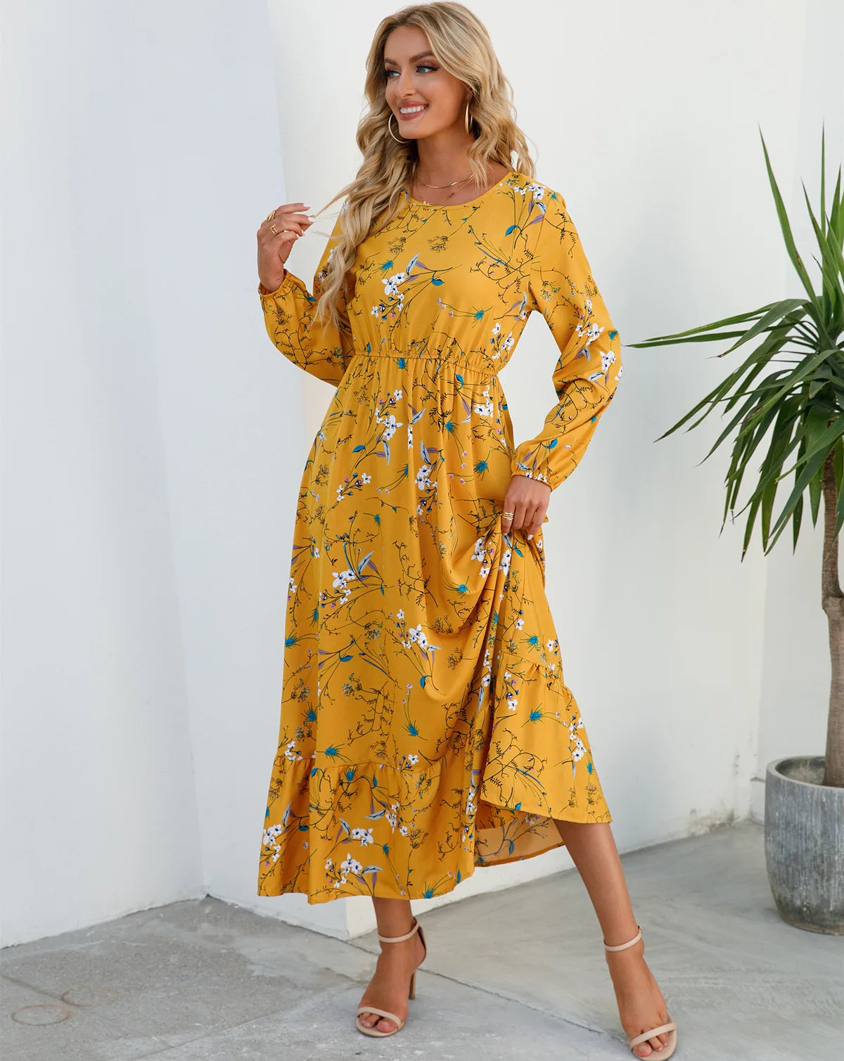 New Autumn 2025  Women Chiffon Dresses spring celebration Dress Mujer Vestidos Female Vintage Floral Print Full Sleeve A-line Long Maxi Dresses