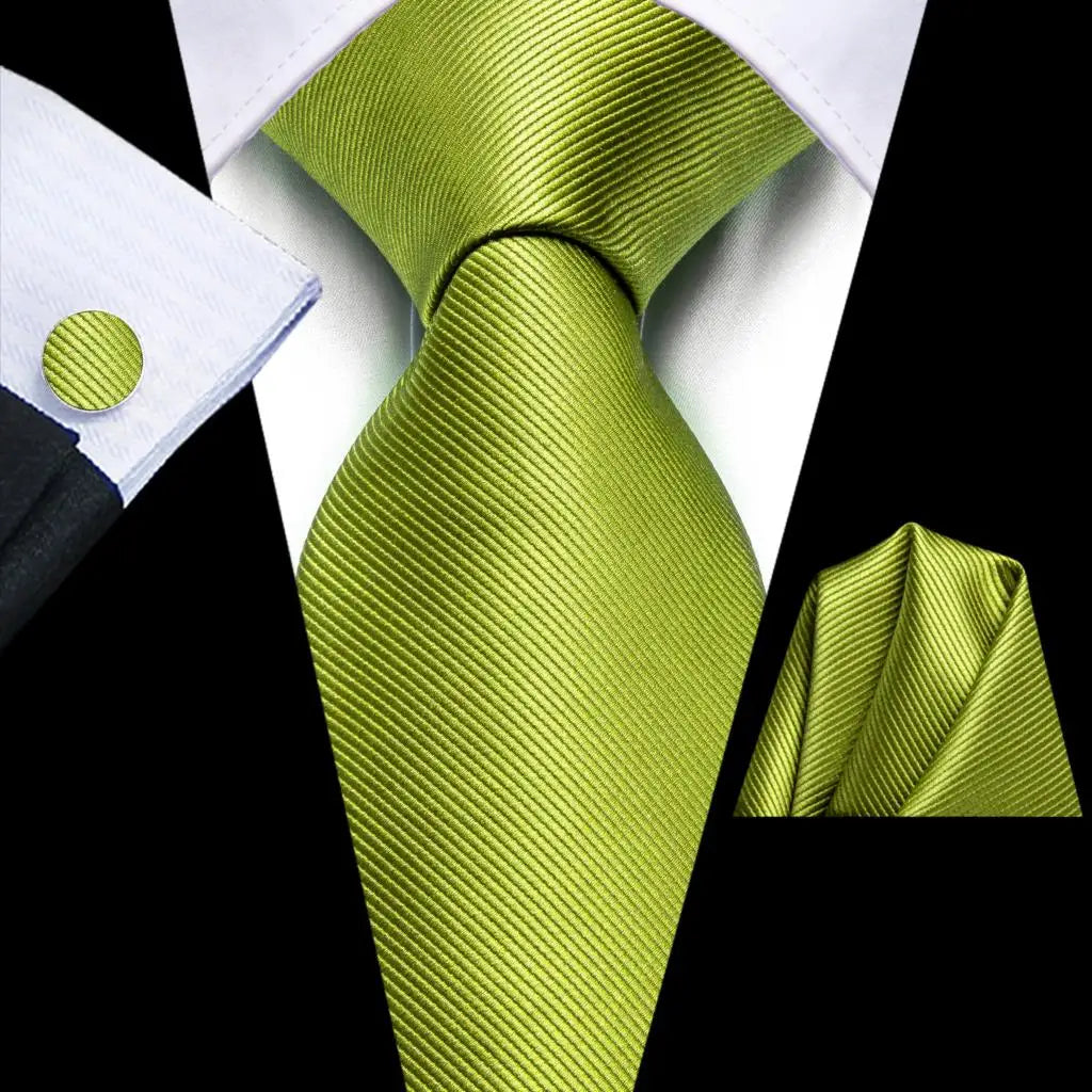 Hi-Tie Solid Green Orange Mens Fashion Necktie Handkerchief Cufflinks for Tuxedo Accessory Classic Silk Luxury Tie for Man Gift