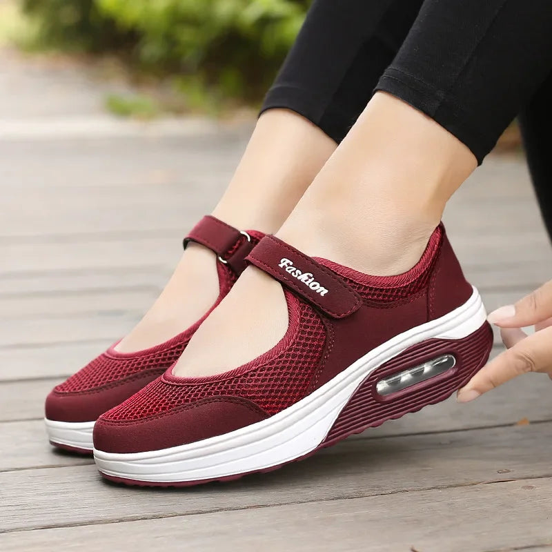Women Tennis Shoes New Hook Loop Air Cushion Shoe Non-slip Sole Breathable Female Casual Increase Footwear Outdoor Walk Sneakers