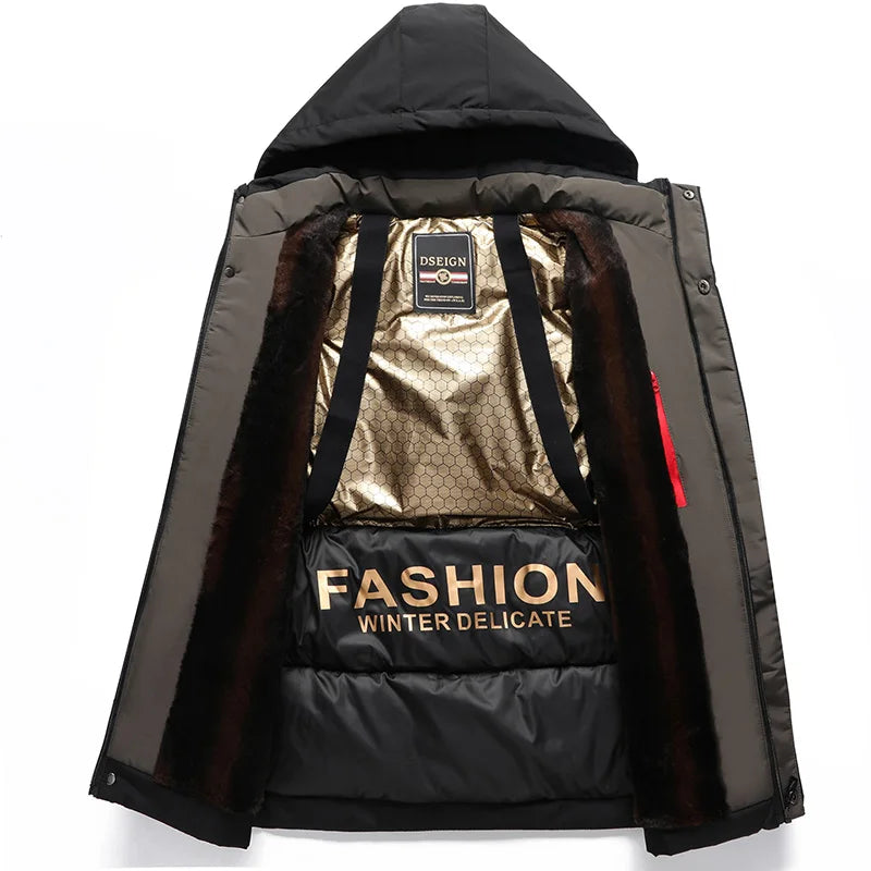 Men Winter  2025-2026 Thick Warm Parka Coat Fleece Inside Male Solid Color Hooded Thick Jacket  Men's Middle Long Coat Size