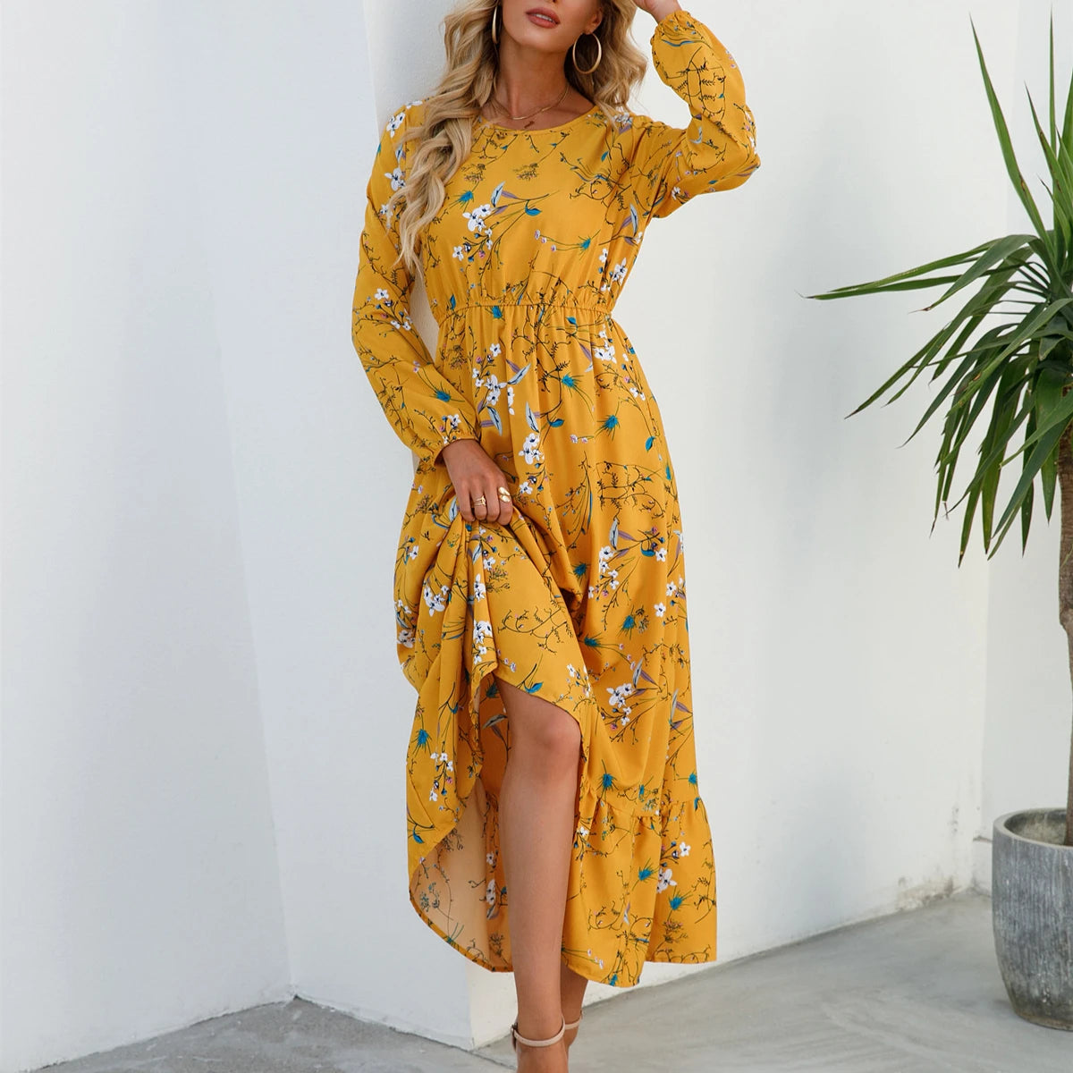New Autumn 2025  Women Chiffon Dresses spring celebration Dress Mujer Vestidos Female Vintage Floral Print Full Sleeve A-line Long Maxi Dresses