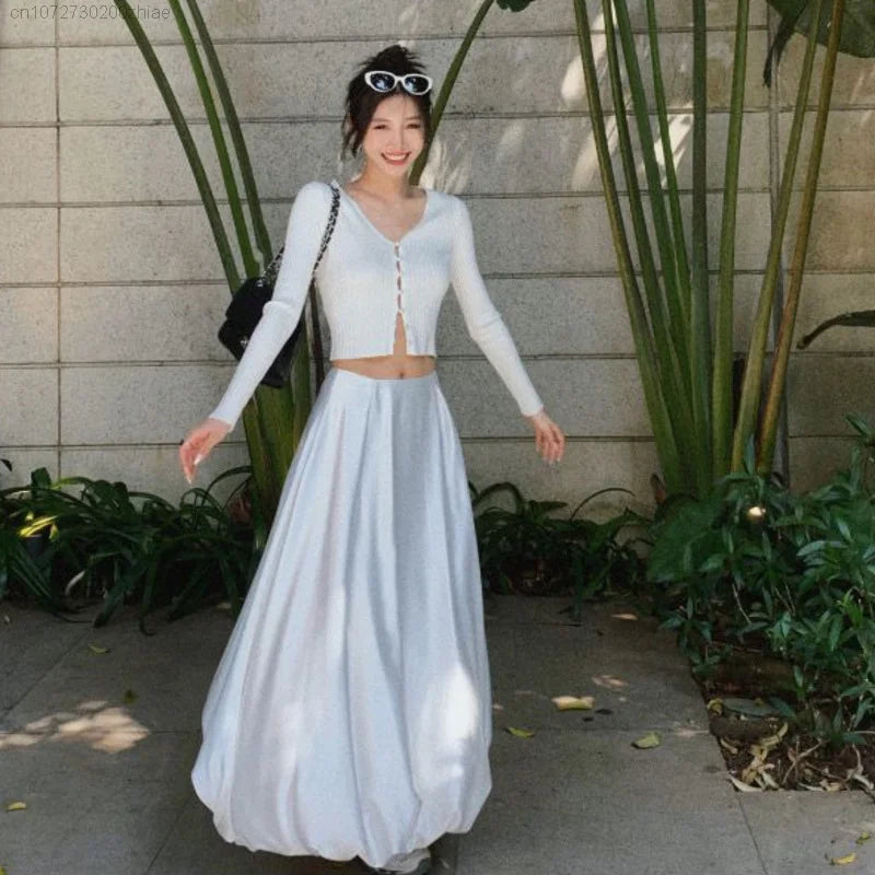 2024 Spring White Satin Low Waist A Line Ball Gown Long Skirts For Women French Romantic Elegant Solid Fairy Dress For Girl