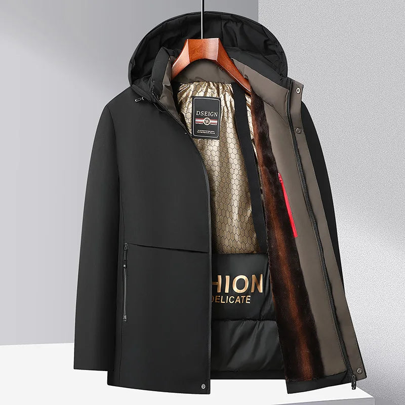 Men Winter  2025-2026 Thick Warm Parka Coat Fleece Inside Male Solid Color Hooded Thick Jacket  Men's Middle Long Coat Size