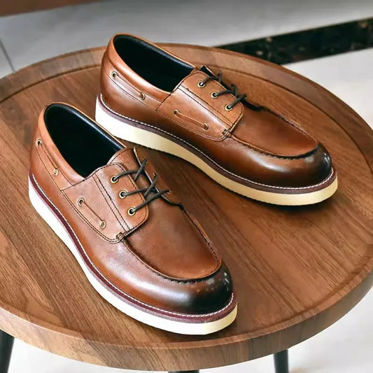 TINTINOS Handmade Men Casual Leather Shoes Genuine Leather High Quality Retro Lace-Up Work Shoes Classic Men Boat Shoes