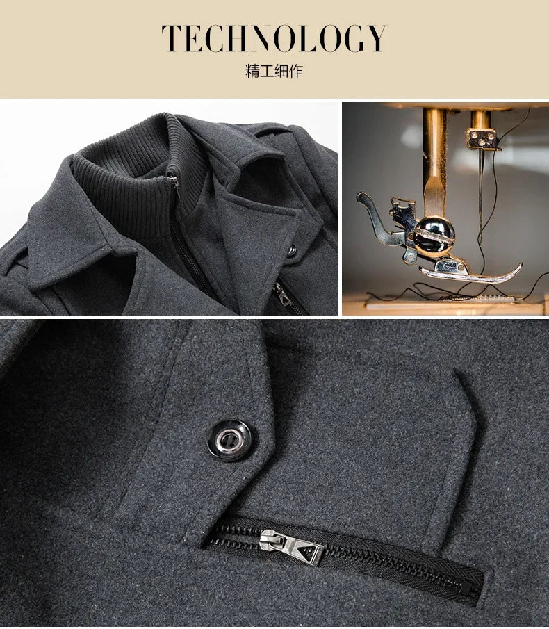 New Collection 2024-2025 Winter Mens Woollen Jacket High-quality Business Casual Jackets Male Long Style Stand Collar Solid Color Thicken Warm Wool Coats