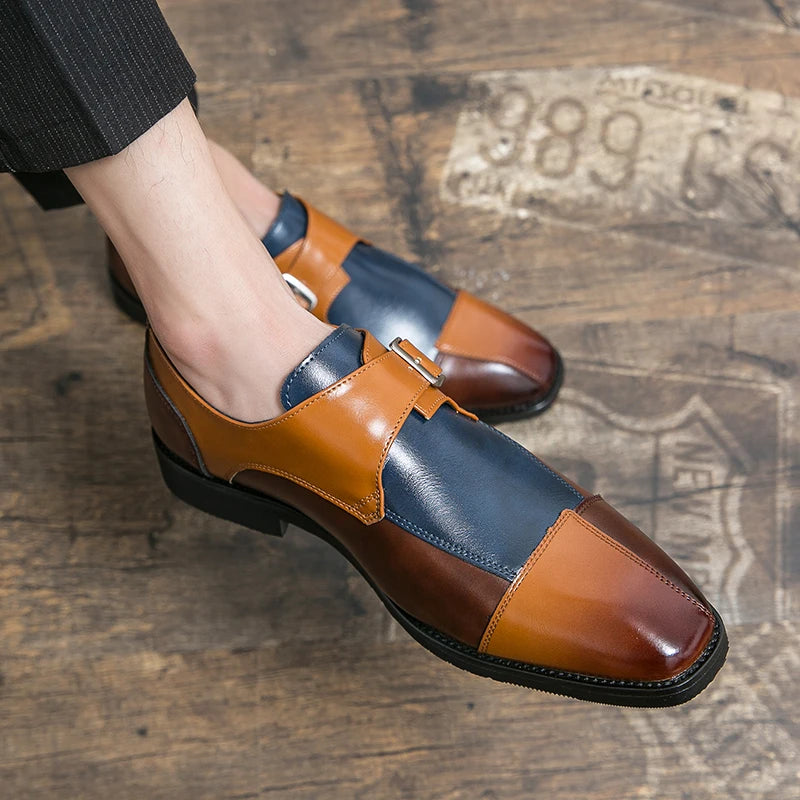 Brand new 2024-2025 Classic Monk Leather Man Shoes Color Block Round-Toe Buckle Business Dress Leather Shoes Man Casual Wedding Party Shoes For Man