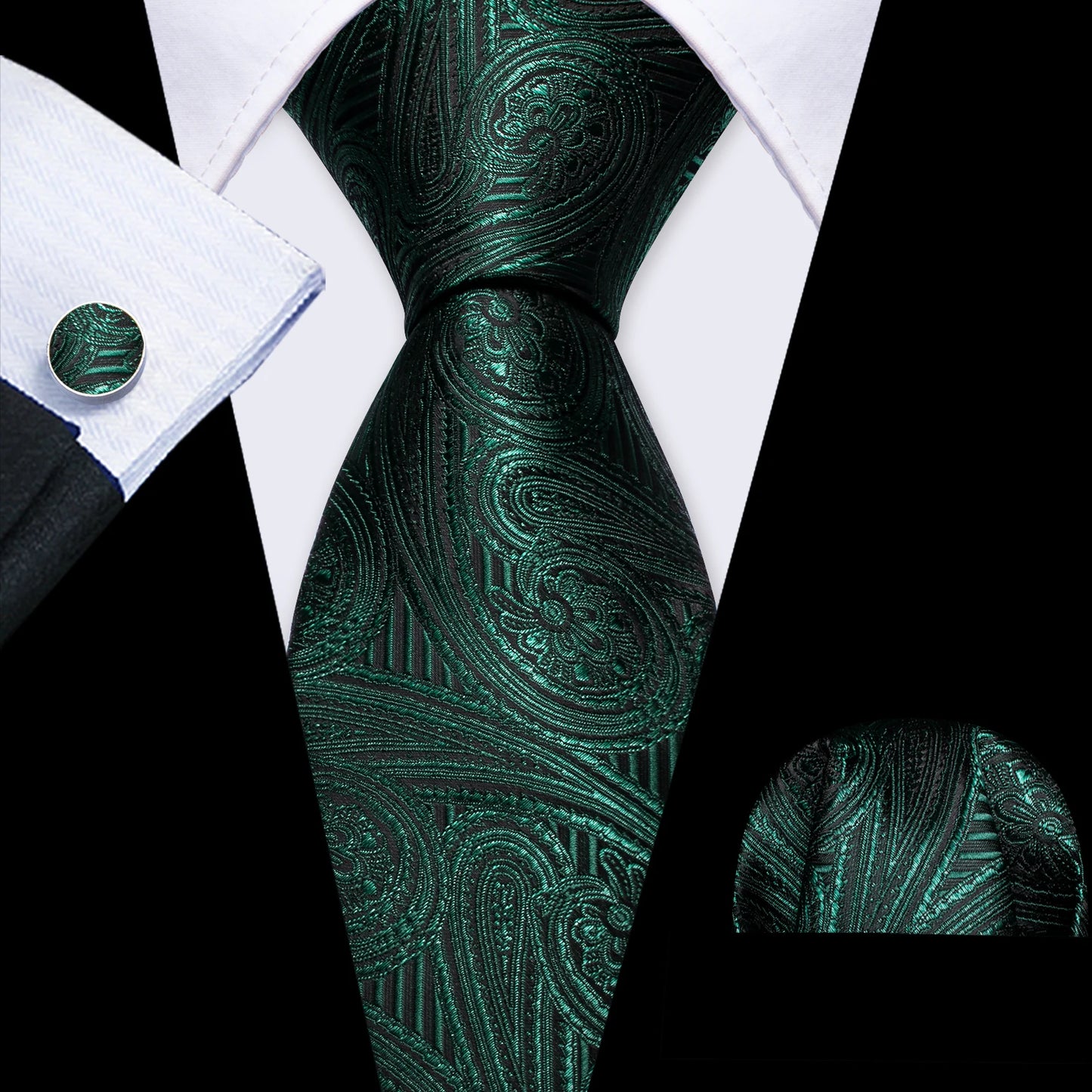 Fashion Silk Men Tie Green Teal Blue Solid Paisley Striped Plaid Floral Animal Necktie Handkerchief Cufflinks Set Barry. For Wedding