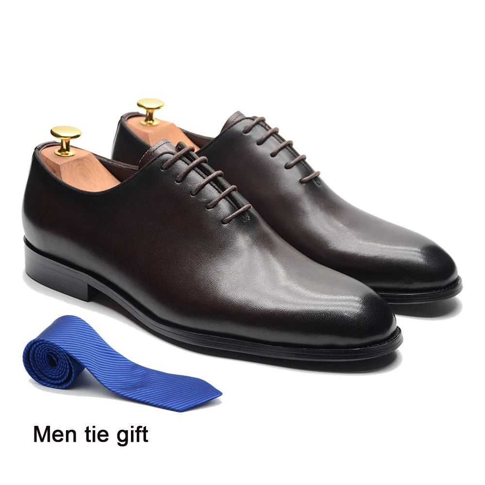 Brand Designer Whole Cut Oxford Dress Shoes Men Genuine Leather Handmade Lace Up Plain Toe Business Office Formal Wedding Shoe