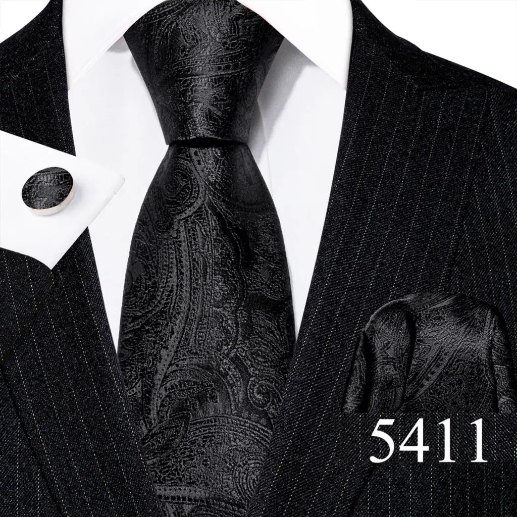 Fashion Mens Ties Set Silk Gray Black Silver White Striped Plaid Solid Paisley Floral Neck Tie Hankderchief Cufflinks Barry·Wang