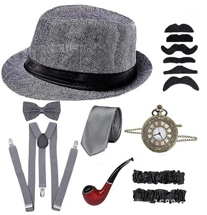 The Great Gatsby Cosplay Costume 1920s Mens Gangster Accessories Set Newsboy Hat Suspenders Armbands Tied Bowtie Drop Shipping30