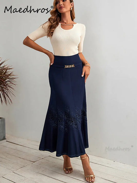 Luxury Women's Long Skirts Cutout Flower Mesh Design Black Maxi Skirts Special Occasions Party Dresses Female High-waisted Skirt