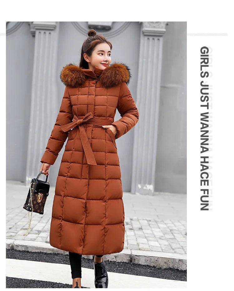 New 2024 - 2025 X-Long Down Jacket Women Casual Thick Warm Padded Coat Winter Loose Solid Hooded Parkas Lady Korean Fashion Solid Long Overcoa