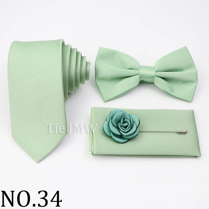 Hot Sale Pink Purple Sage Green Tie Set Polyester Necktie Bowtie Cufflink Brooch For Groom Suit Wedding Cravat Shirt Accessory