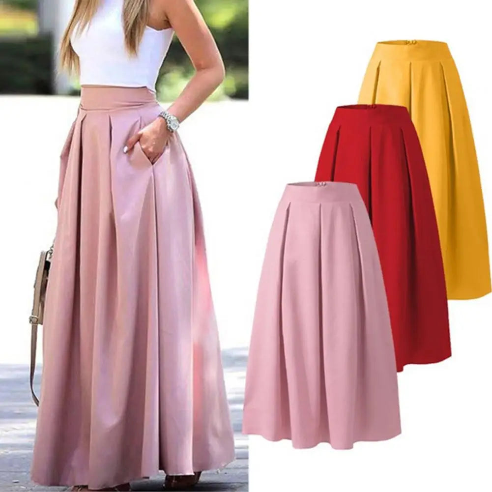 Chic OL Style Friendly to Skin Pleated Women Fall Spring Skirt Pockets Solid Color Women Fall Spring Skirt Women Clothes