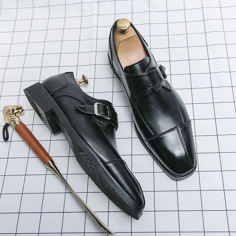 Brand new 2024-2025 Classic Monk Leather Man Shoes Color Block Round-Toe Buckle Business Dress Leather Shoes Man Casual Wedding Party Shoes For Man