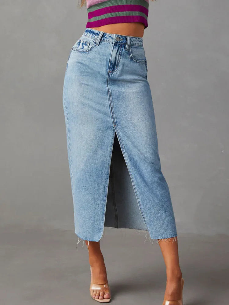 New In 2024 Women's Denim Skirt Spring Summer  Fashion High Waisted Streetwear Jean Skirt Female A-Line Midi Skirt