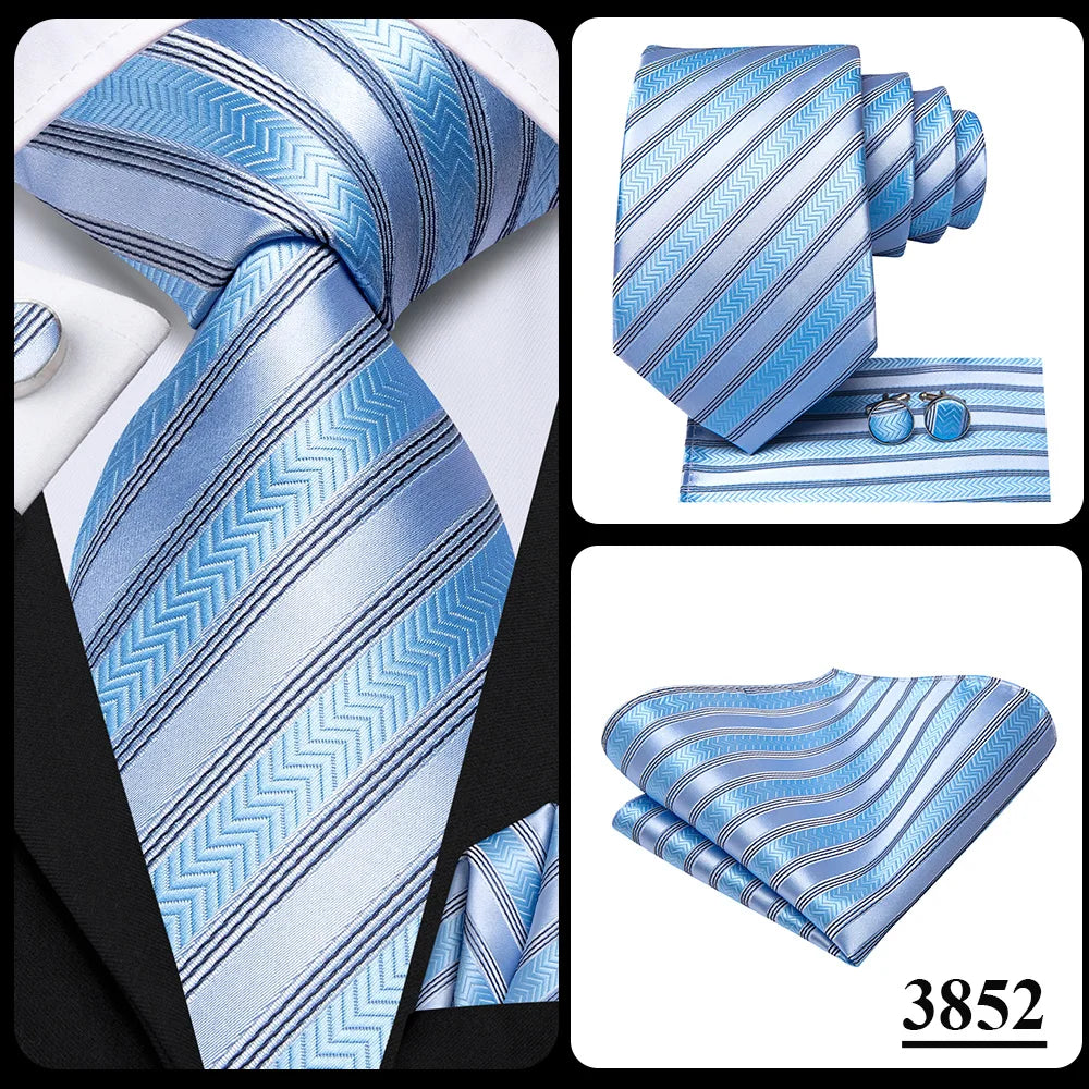 Brand New 2025 Hi-Tie Light Blue Striped Business Mens Tie 8.5cm Jacquard Necktie Accessorie Daily Wear Cravat Wedding Party Hanky Cufflink Set