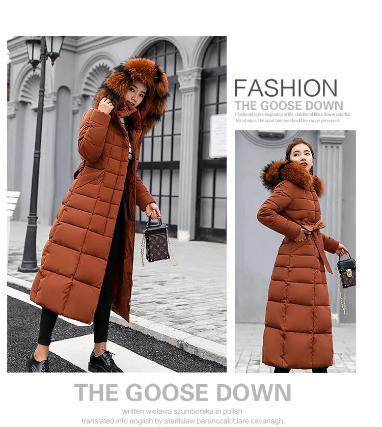 New 2024 - 2025 X-Long Down Jacket Women Casual Thick Warm Padded Coat Winter Loose Solid Hooded Parkas Lady Korean Fashion Solid Long Overcoa