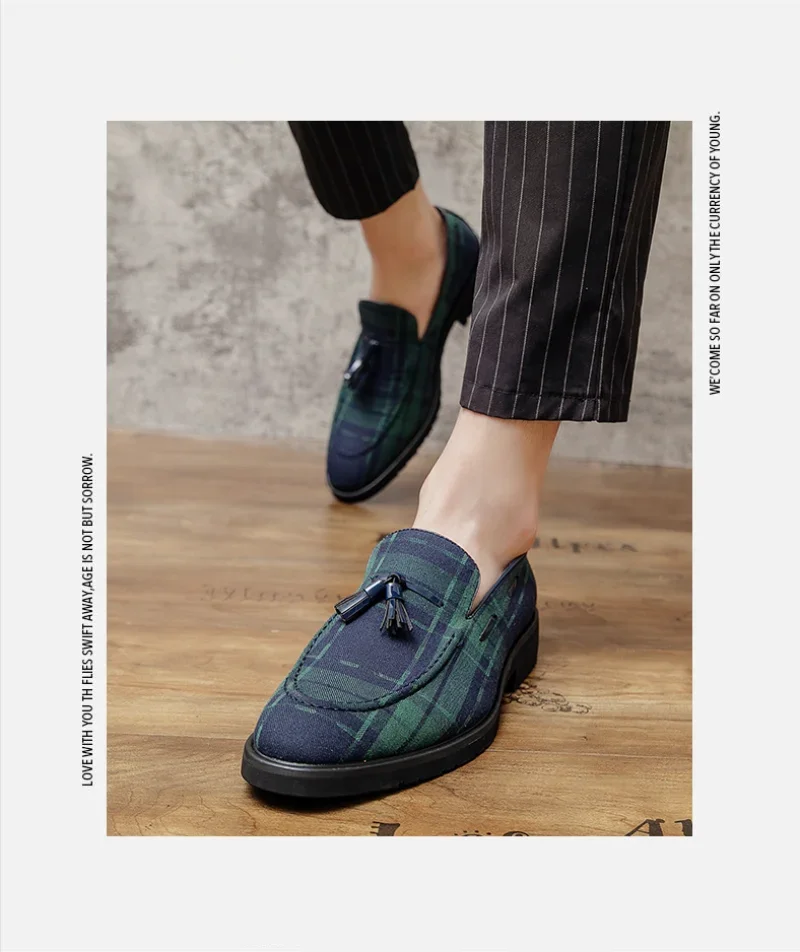 Our 2025 New Loafers Men Shoes Canvas Green Plaid Fashion Business Casual Wedding Party Classic Fringe Retro Gentleman Dress Shoes