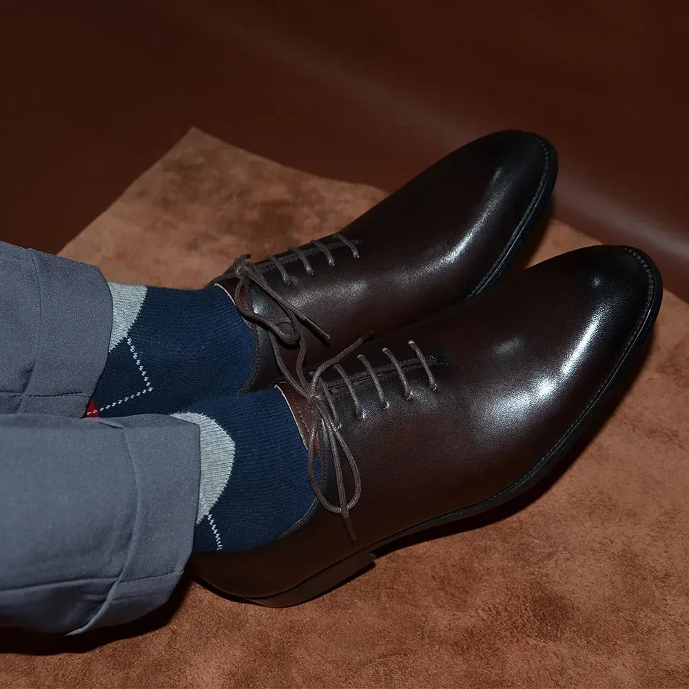 Brand Designer Whole Cut Oxford Dress Shoes Men Genuine Leather Handmade Lace Up Plain Toe Business Office Formal Wedding Shoe